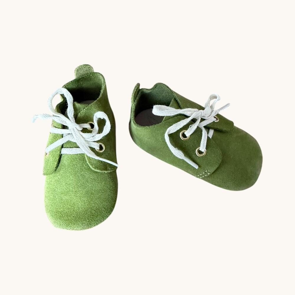 Suede Lace Up Baby Shoes Moss Green 0–6M Bunny Logo